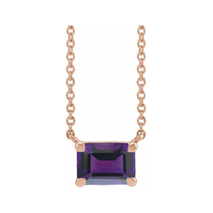Modern 14K rose gold necklace featuring vertical emerald-cut amethyst gemstone for birth month elegance