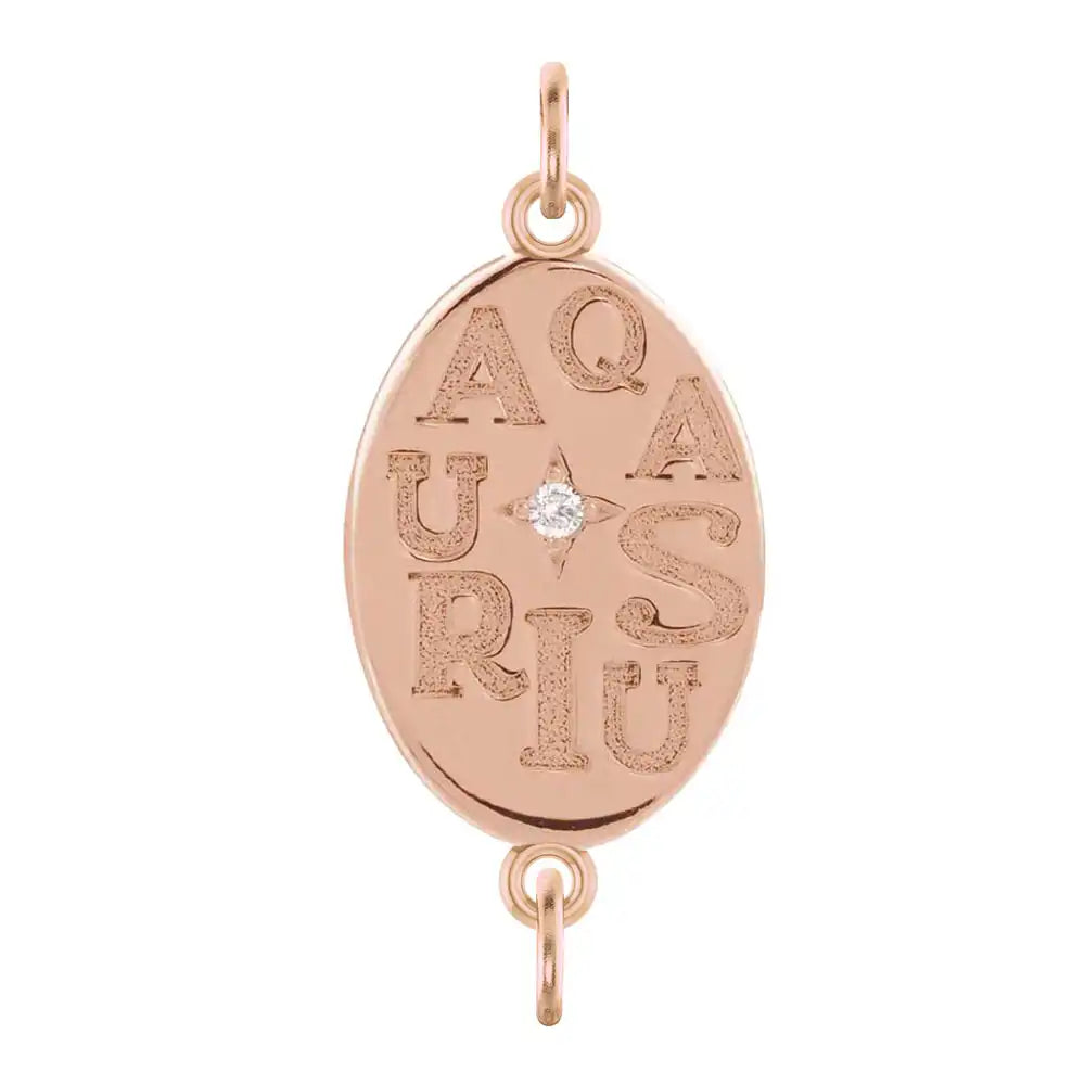 Handmade Aquarius engraved zodiac charm link in 14K rose gold with diamond accent
