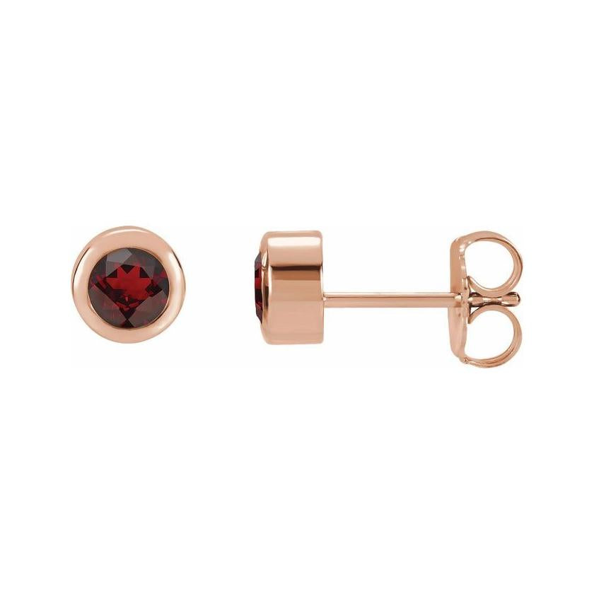 Garnet 14K rose gold birthstone earrings in bezel setting, perfect birthday gift