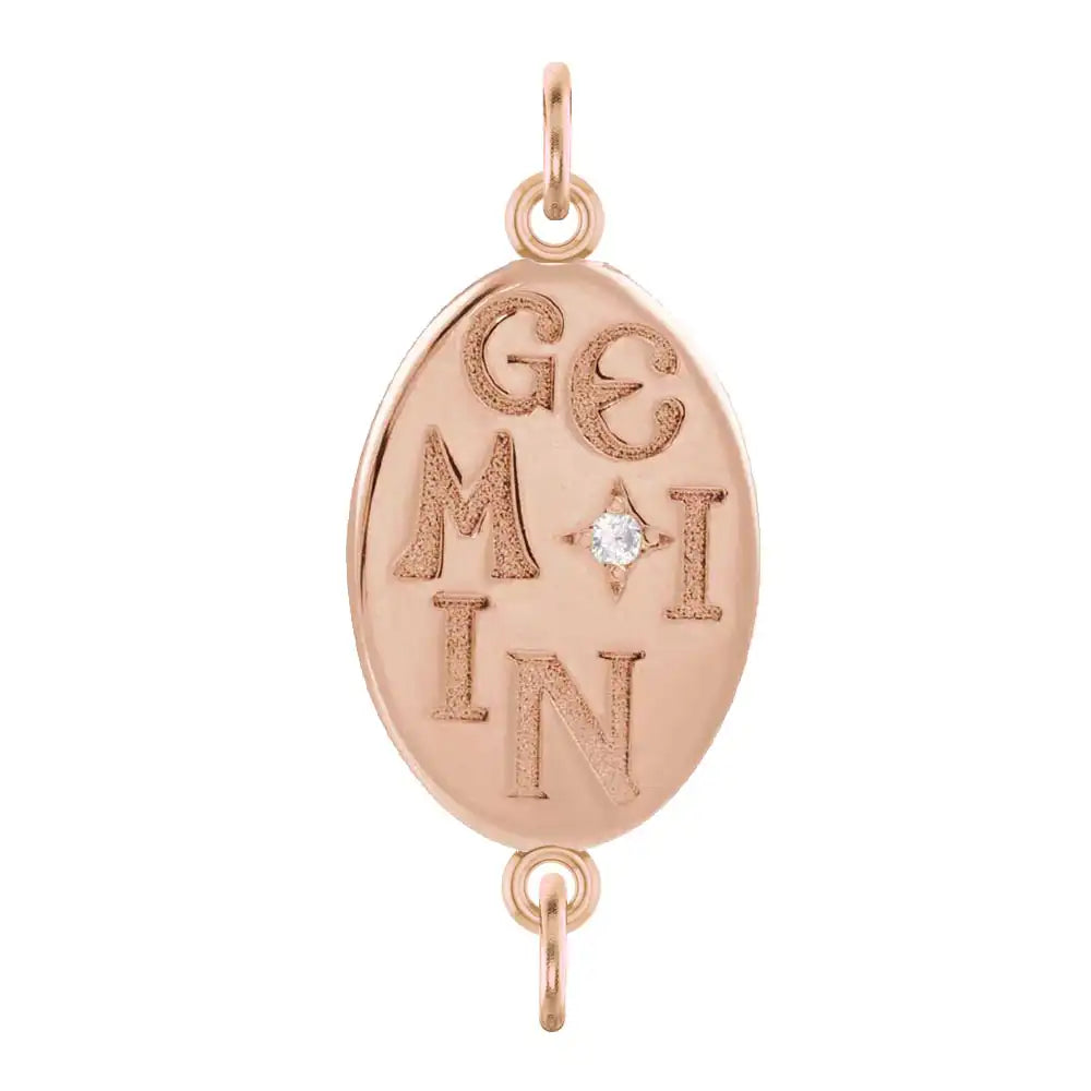 Handmade Gemini engraved zodiac charm link in 14K rose gold with diamond accent