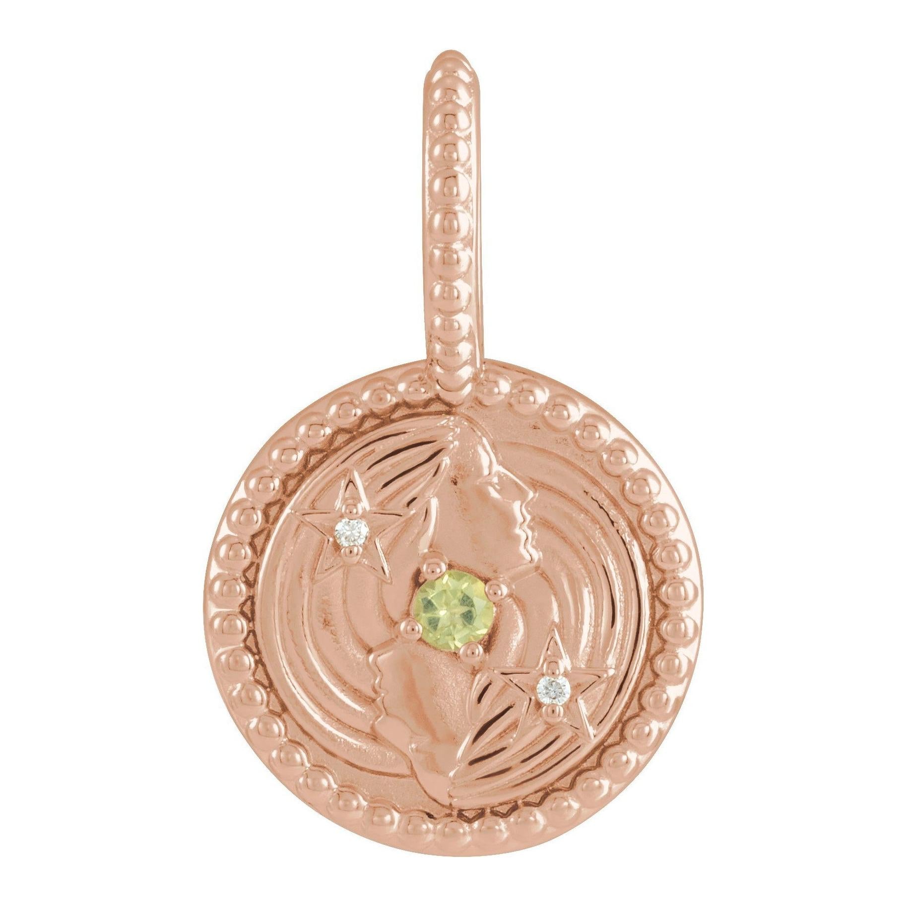 Celestial Gemini charm medallion in 14K rose gold, engraved for a personalized touch.