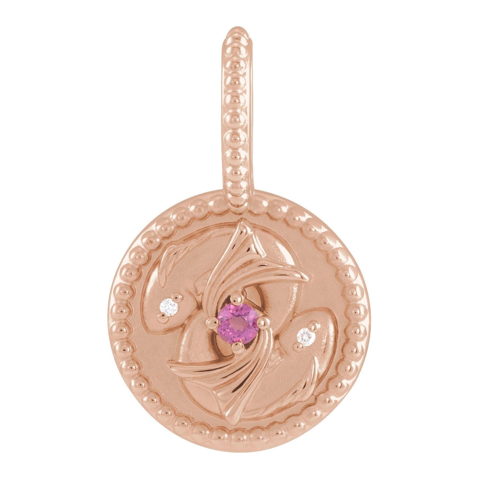 Polished 14K rose gold coin charm featuring detailed Pisces zodiac engraving.