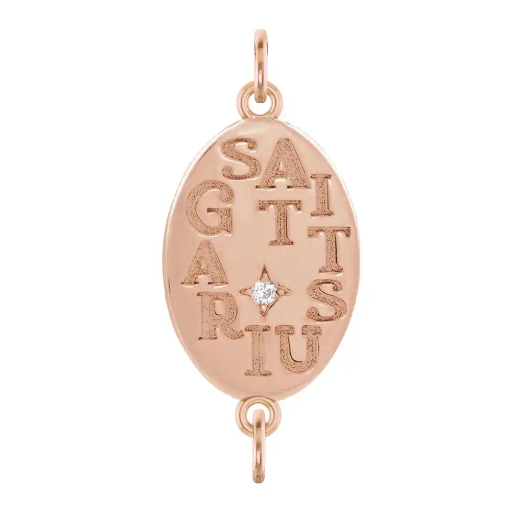 Handmade Sagittarius engraved zodiac charm link in 14K rose gold with diamond accent
