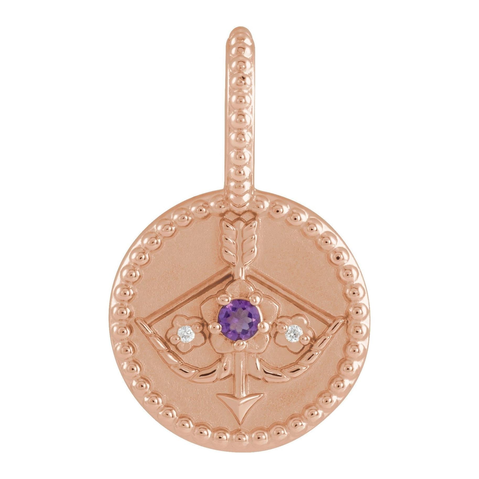 Sagittarius zodiac disc charm in 14K rose gold, a minimalist astrological statement piece.