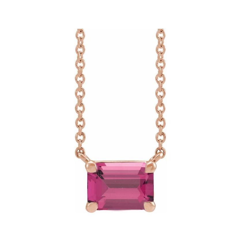 Modern 14K rose gold necklace featuring vertical emerald-cut tourmaline gemstone for birth month elegance