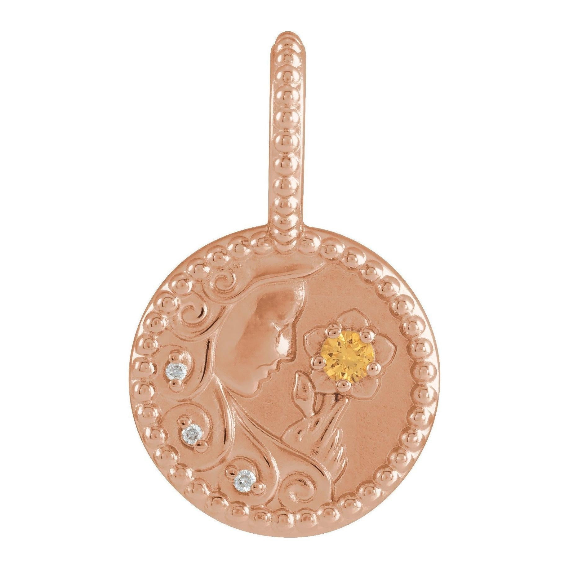 Polished 14K rose gold coin charm featuring detailed Virgo zodiac engraving.