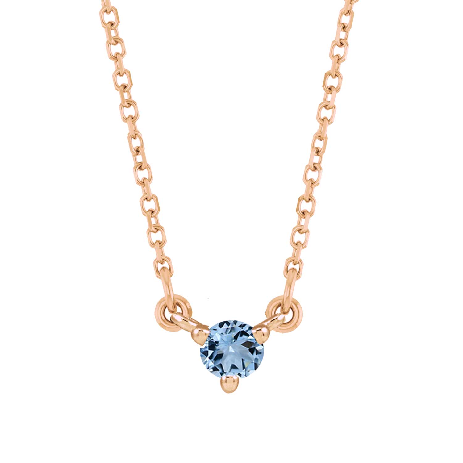 14K rose gold birthstone necklace featuring a petite aquamarine charm on fine chain.
