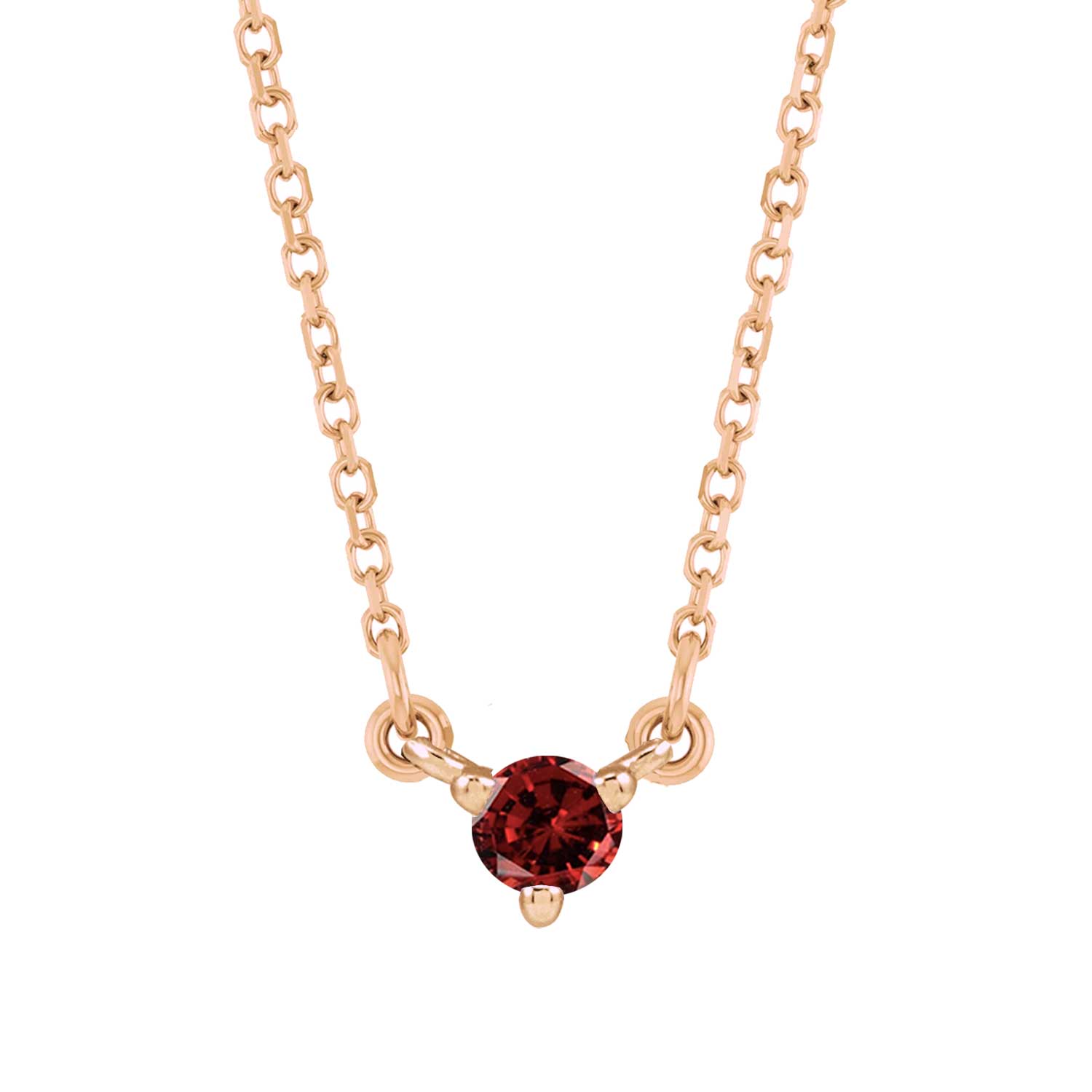 14K rose gold birthstone necklace featuring a petite garnet charm on fine chain.