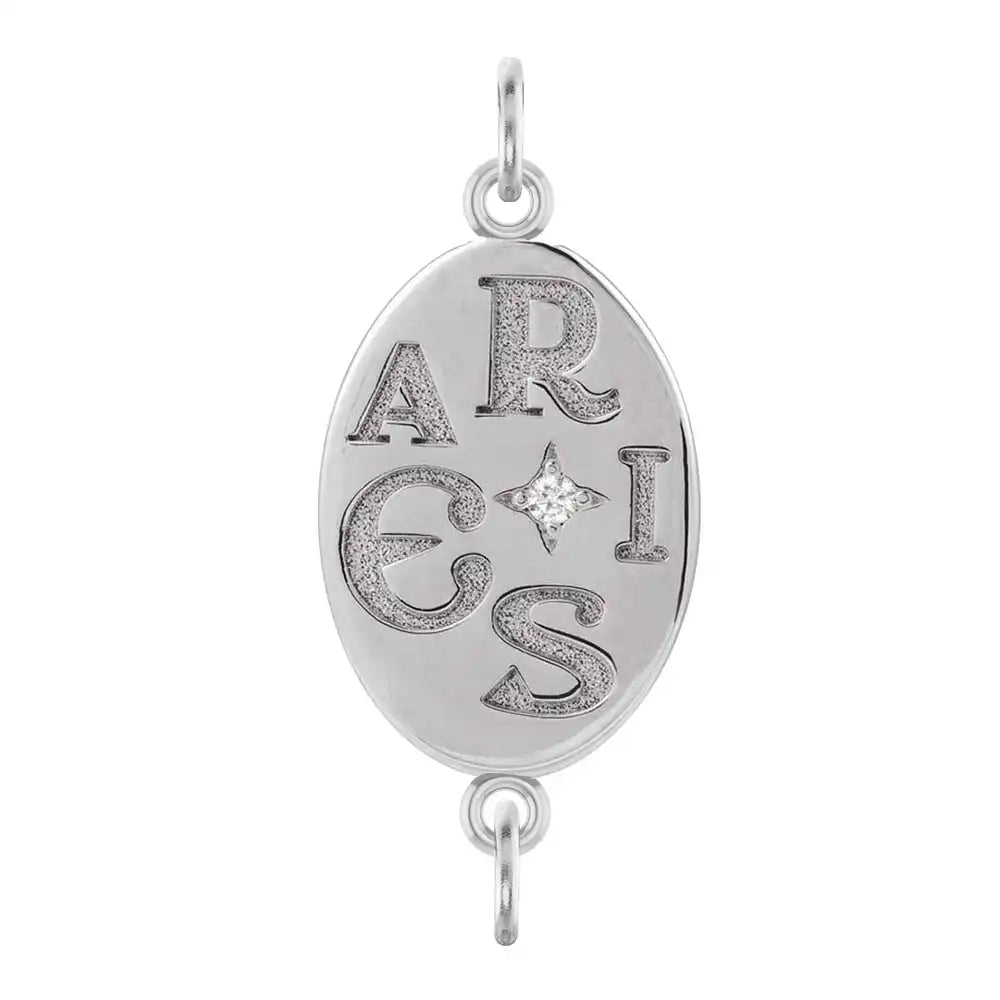 Handmade Aries engraved zodiac charm link in 14K white gold with diamond accent