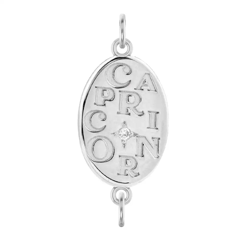 Handmade Capricorn engraved zodiac charm link in 14K white gold with diamond accent