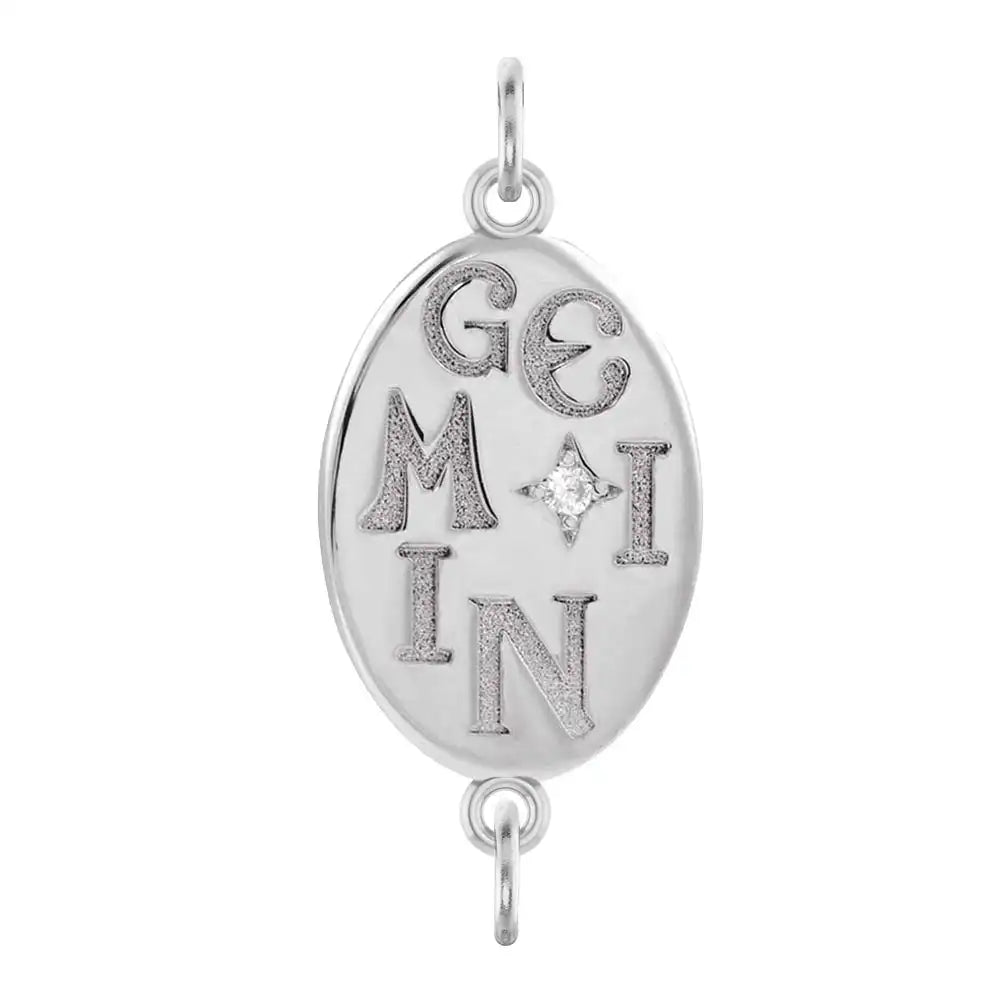 Handmade Gemini engraved zodiac charm link in 14K white gold with diamond accent