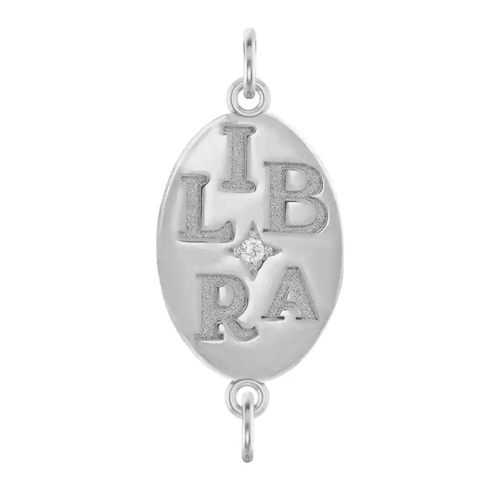 Handmade Libra engraved zodiac charm link in 14K white gold with diamond accent