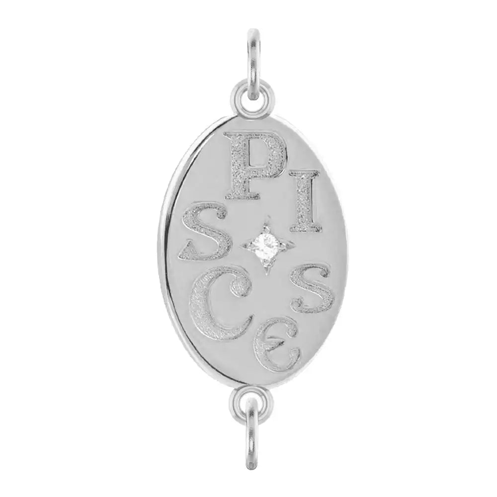 Handmade Pisces engraved zodiac charm link in 14K white gold with diamond accent