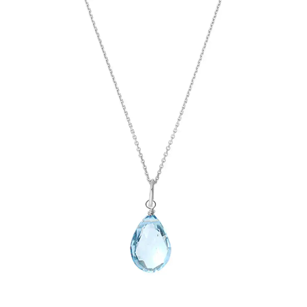 Swiss Blue Topaz drop necklace in 14K gold, on white background variant--14K-white-gold