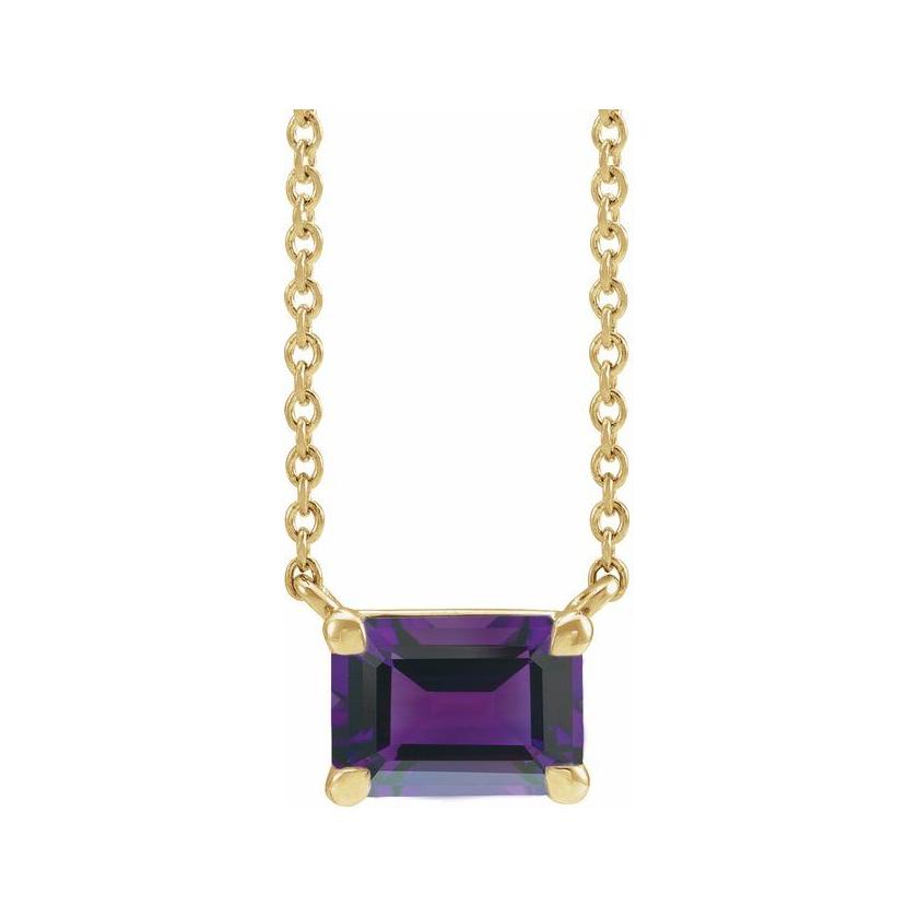 Emerald-cut amethyst birthstone necklace set in 14K white gold with vertical minimalist pendant design
