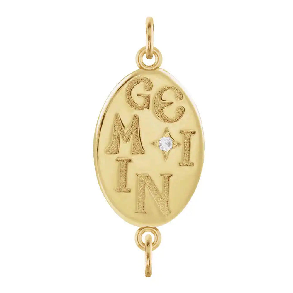 Handmade Gemini engraved zodiac charm link in 14K yellow gold with diamond accent