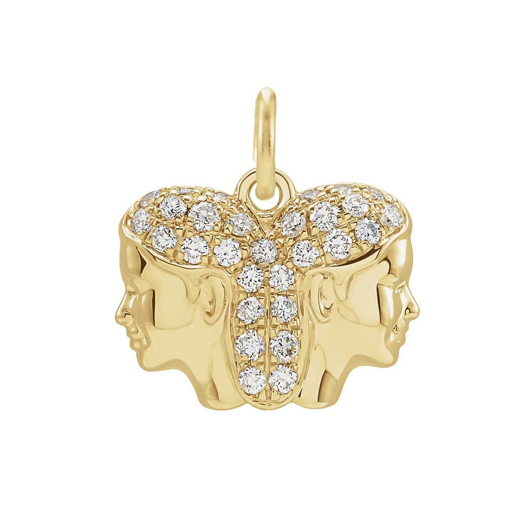Delicate Gemini astrology charm featuring tiny diamonds and gold finish