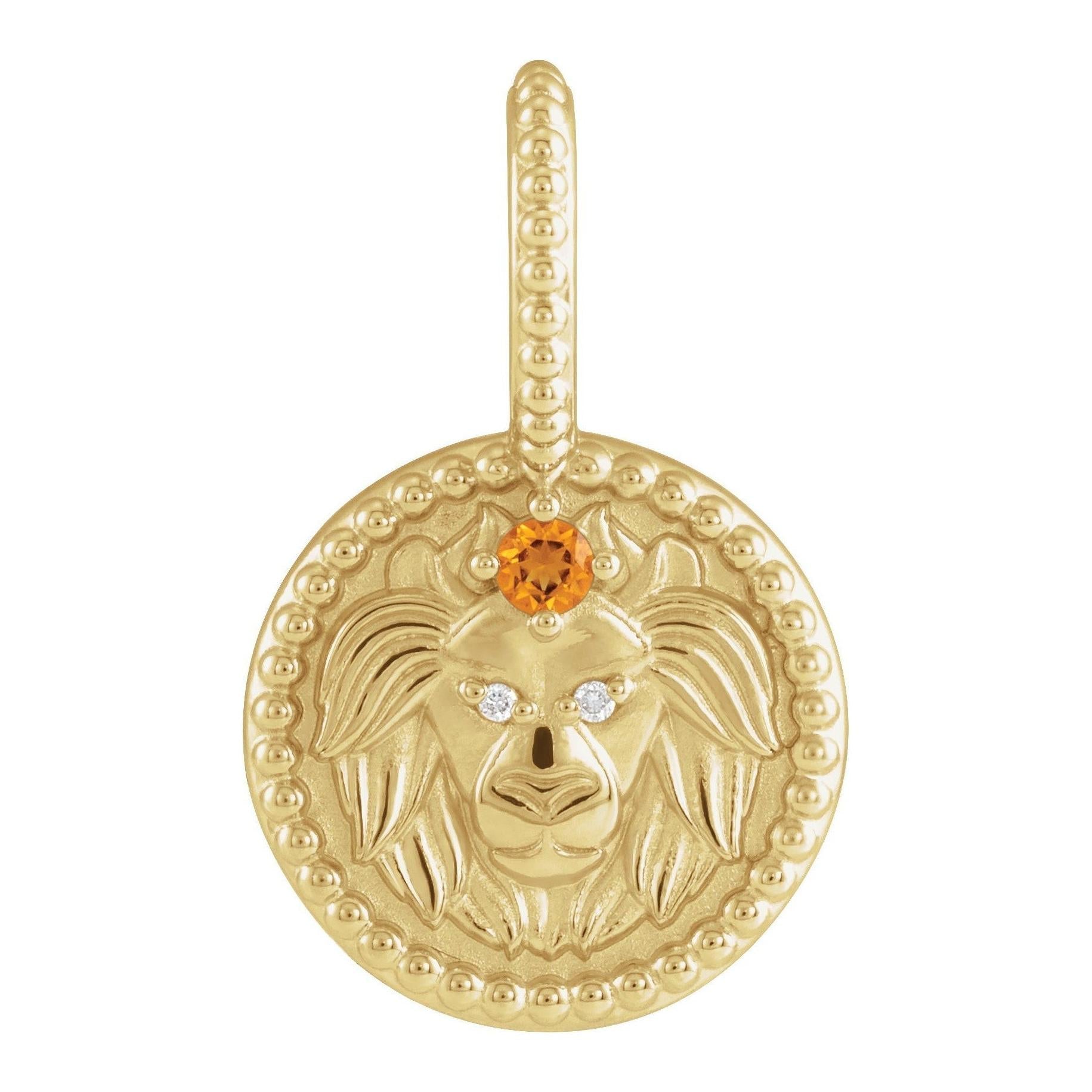 Leo zodiac medallion charm in 14K yellow gold, engraved with celestial symbol.