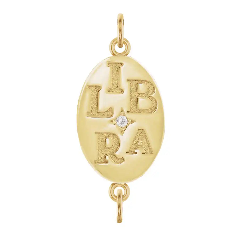 Handmade Libra engraved zodiac charm link in 14K yellow gold with diamond accent