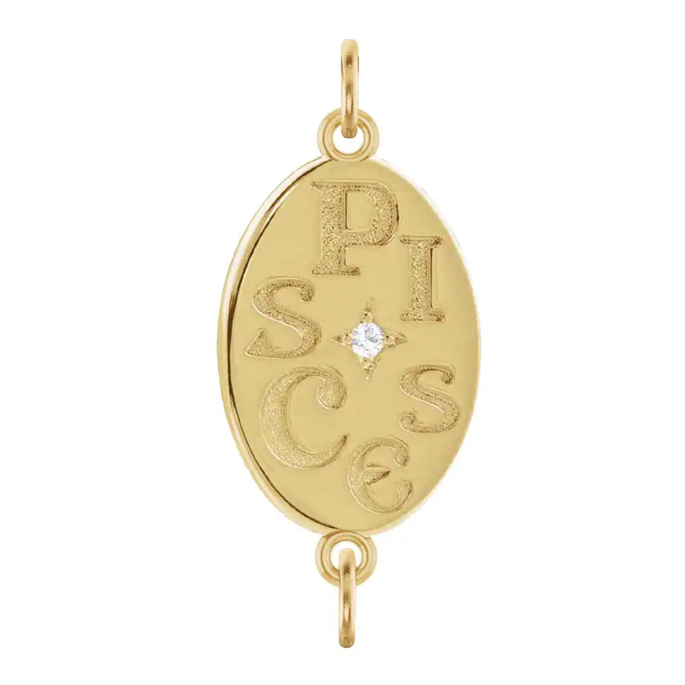 Handmade Pisces engraved zodiac charm link in 14K yellow gold with diamond accent