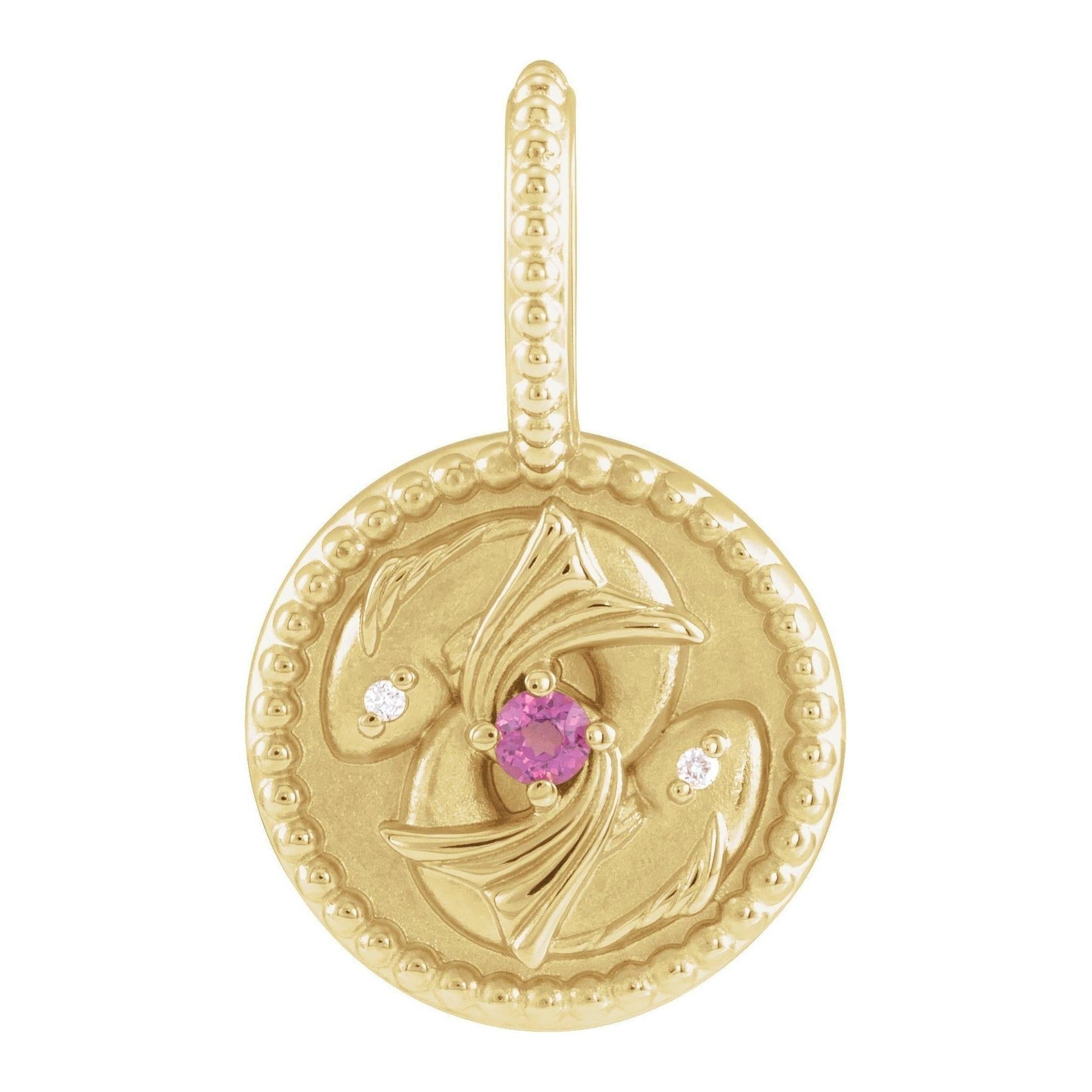 Pisces zodiac medallion charm in 14K yellow gold, engraved with celestial symbol.