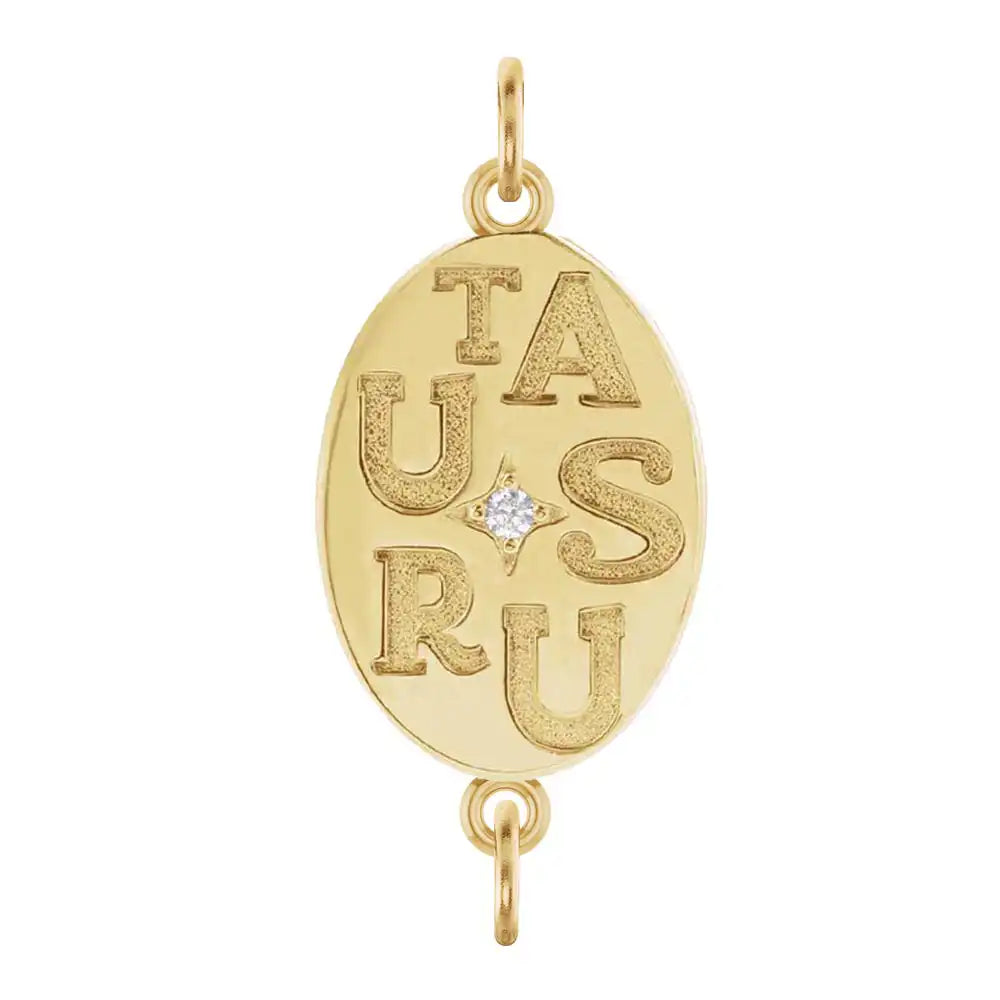 Handmade Taurus engraved zodiac charm link in 14K yellow gold with diamond accent