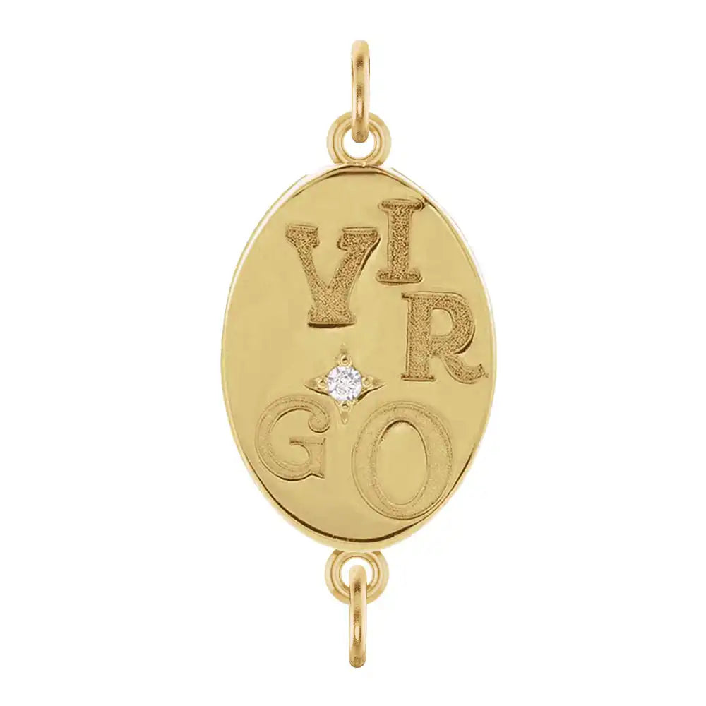 Handmade Virgo engraved zodiac charm link in 14K yellow gold with diamond accent