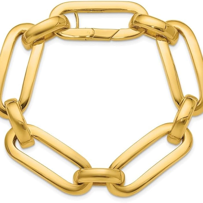 18K yellow gold link bracelet on display.