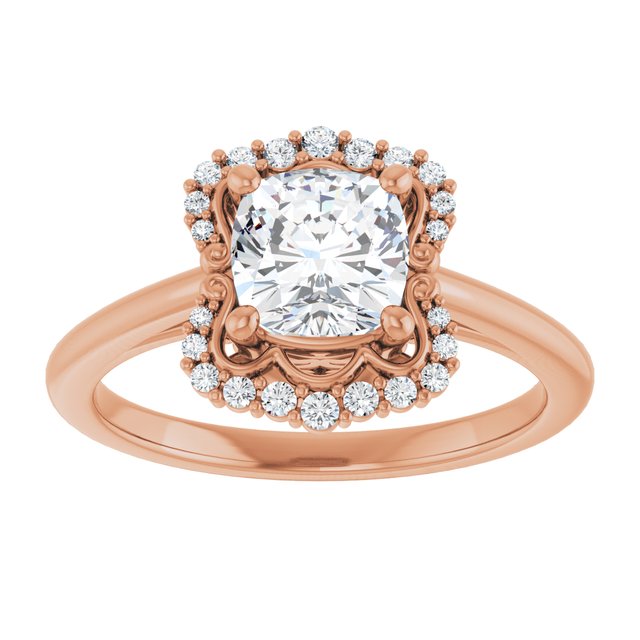 14K rose gold 1 CT Cushion Scalloped Halo Diamond Engagement Ring