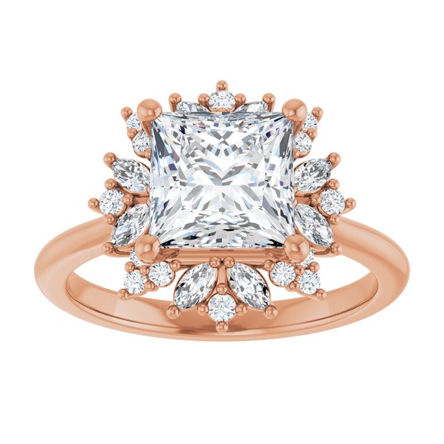 14K rose gold 2 CT Square-cut Diamond Floral Halo Diamond Engagement Ring Setting