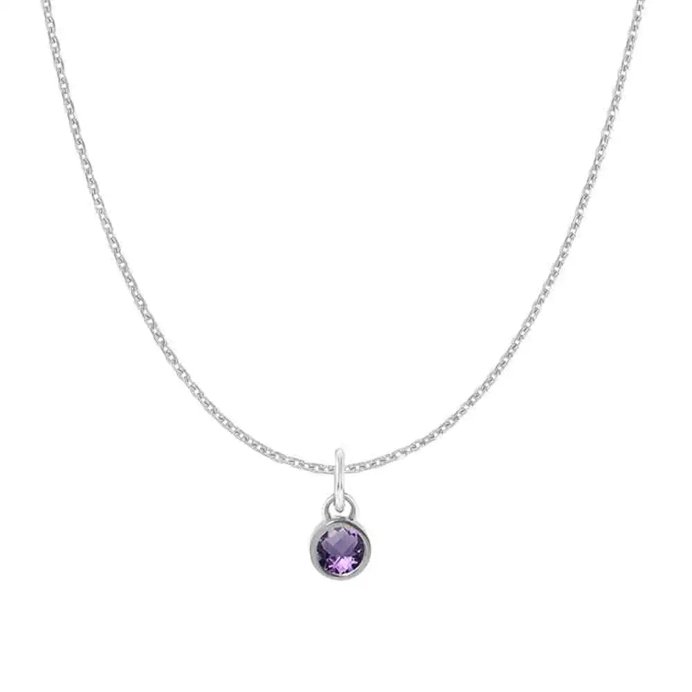Natural amethyst birthstone charm necklace in 14K white gold, bezel-set pendant on cable chain, product shot variant--14K-white-gold