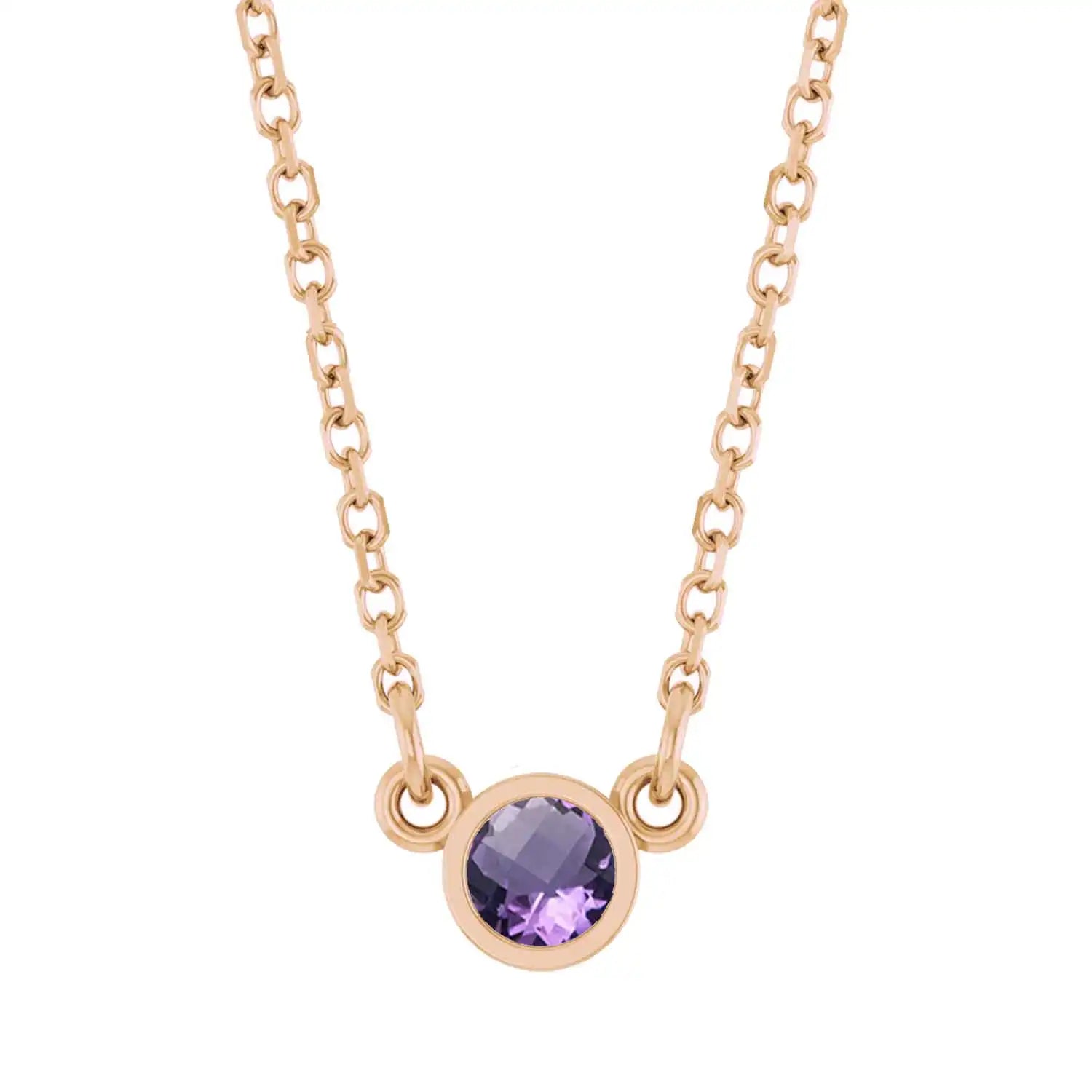 Bezel-set amethyst birthstone necklace in 14K rose gold, product view