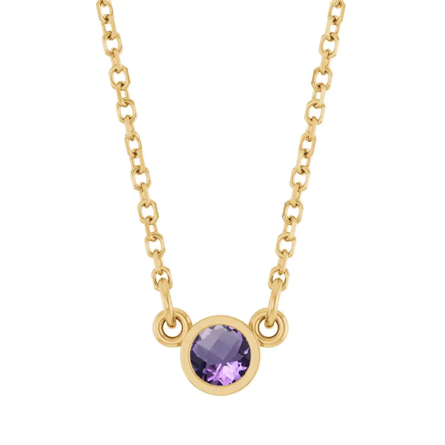 Bezel-set amethyst birthstone necklace in 14K yellow gold, product view variant--14K rose gold