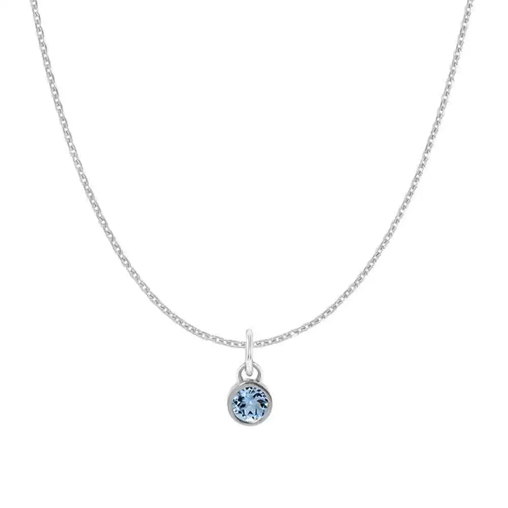 Natural aquamarine birthstone charm necklace in 14K white gold, bezel-set pendant on cable chain, product shot variant--14K-white-gold variant--Aquamarine