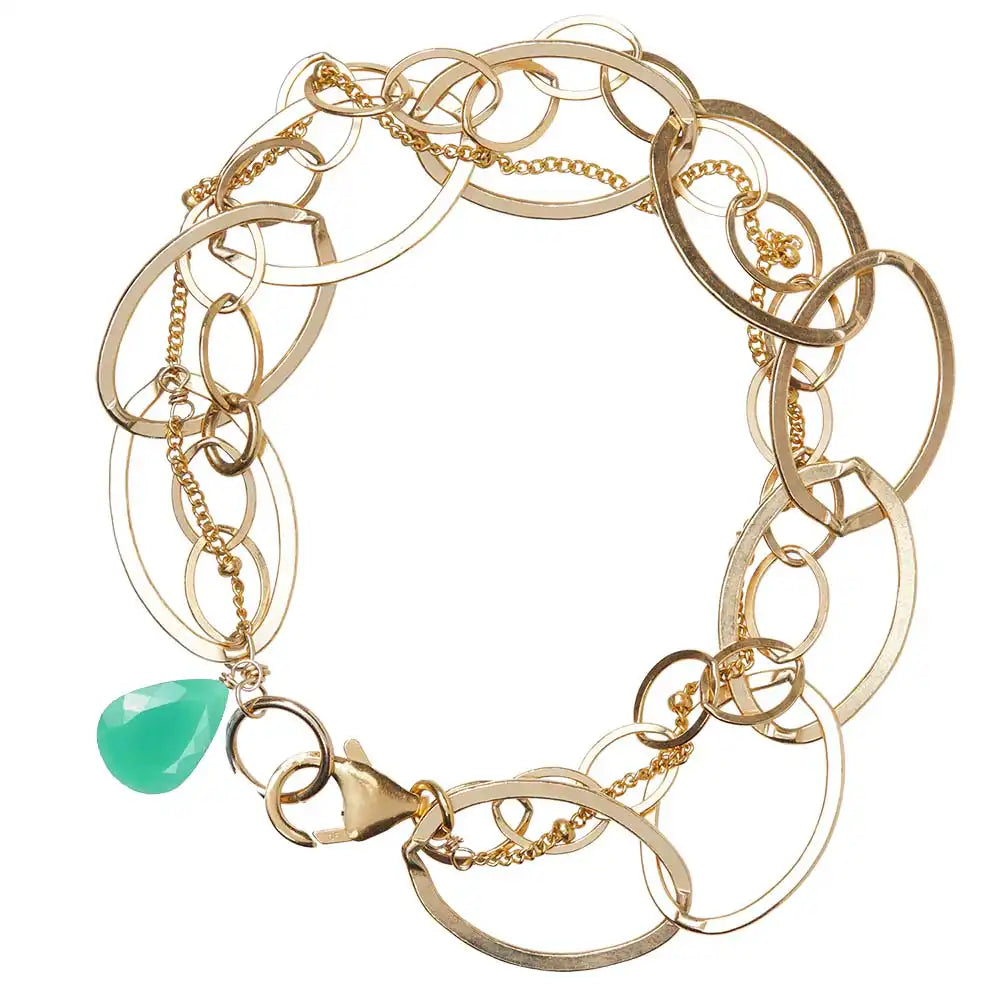 Natural chrysoprase woven chain bracelet in 14K gold-fill, side view detail variant--Chrysoprase variant--Gold-fill