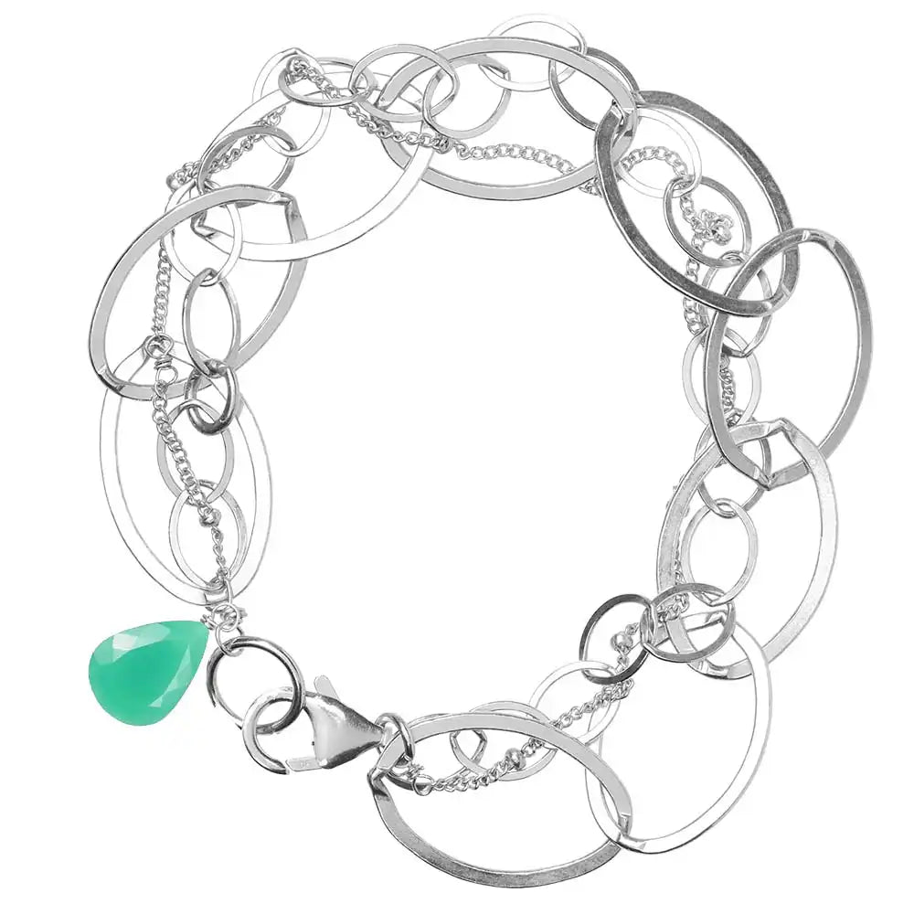 Natural chrysoprase woven chain bracelet in sterling silver, close-up of setting in sterling silver silver variant--Chrysoprase variant--Sterling-silver
