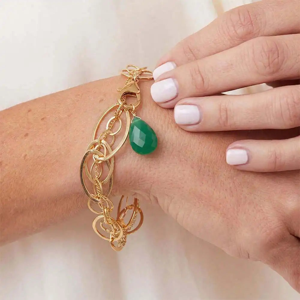 Natural chrysoprase woven chain bracelet in sterling silver, close-up of setting in gold-fill variant--Gold-fill variant--Sterling-silver variant--Chrysoprase