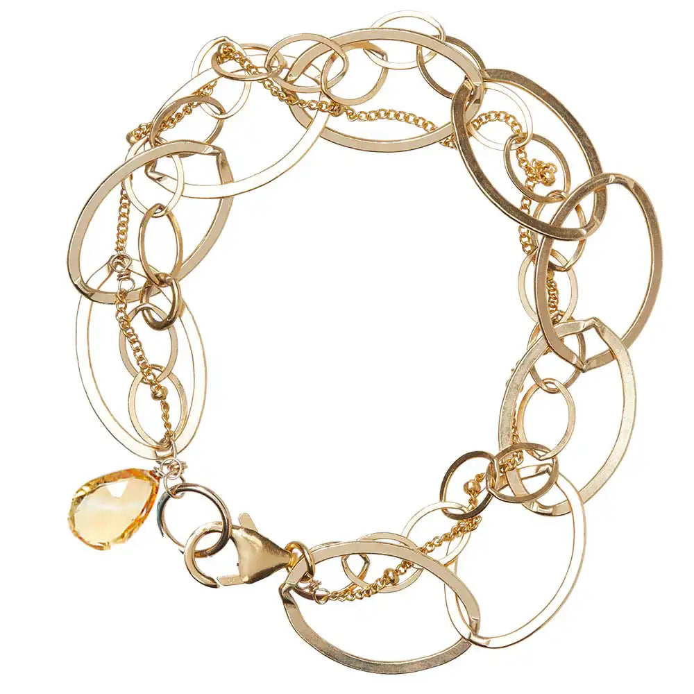 Natural citrine woven chain bracelet in 14K gold-fill, close-up of setting variant--Citrine variant--Gold-fill