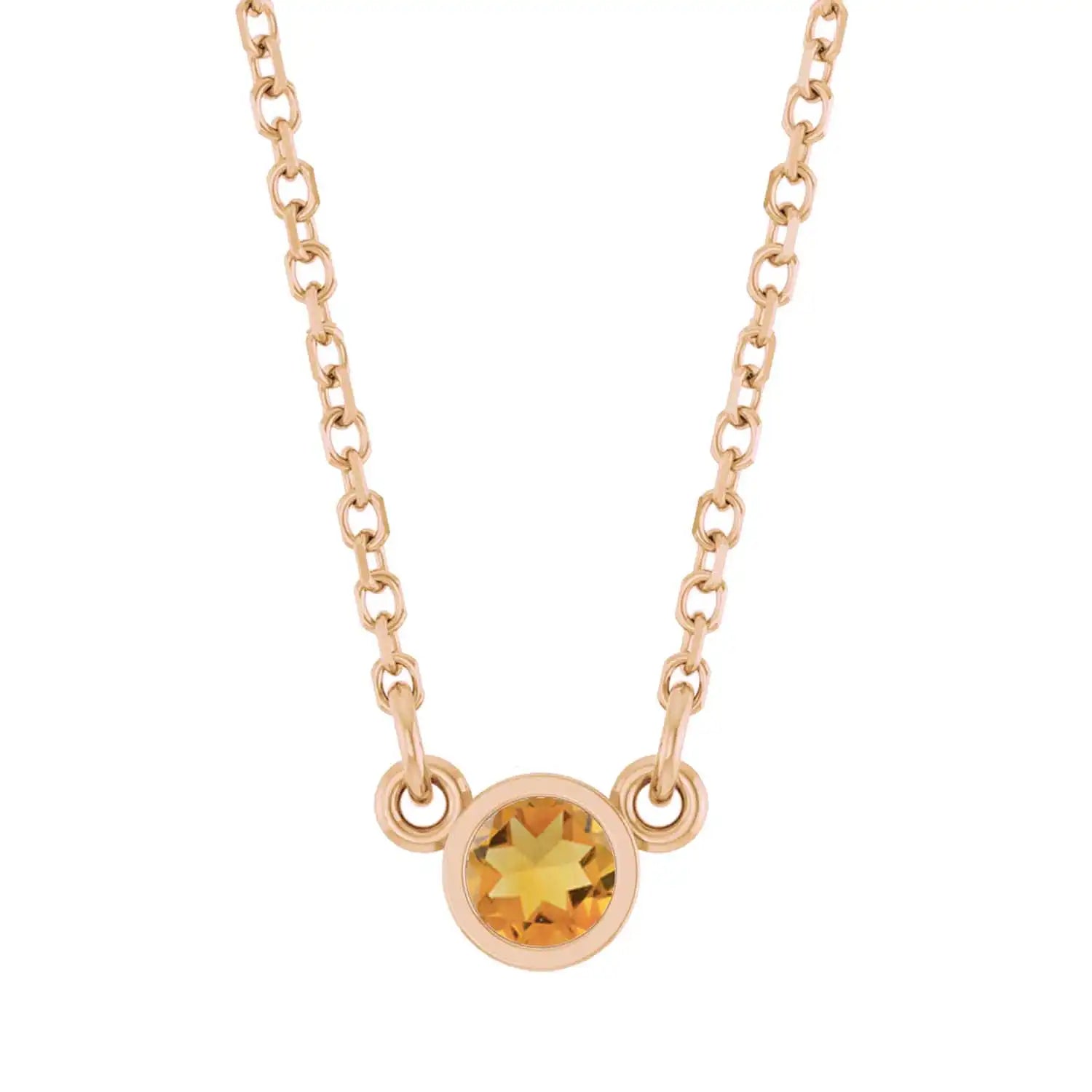 Bezel-set citrine birthstone necklace in 14K rose gold, product view