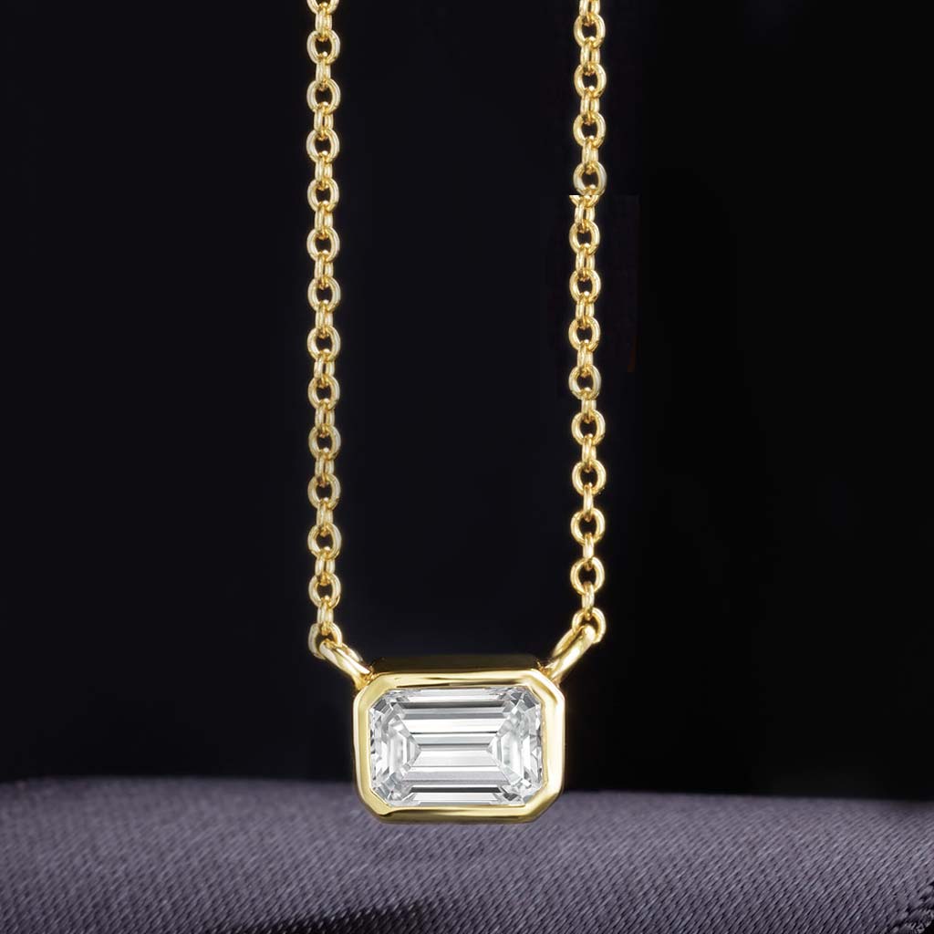 East west emerald-cut birthstone necklace with deep red garnet in Sterling Silver — handmade in the USA