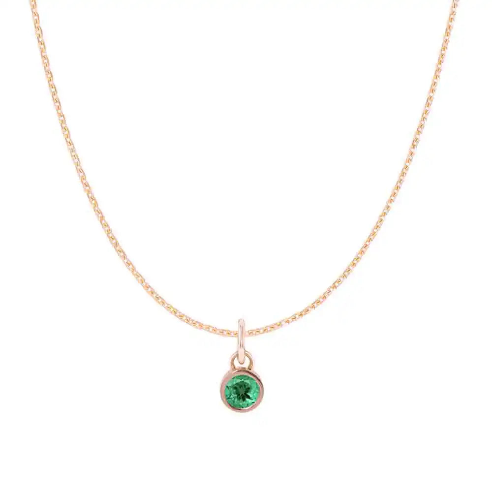 Emerald birthstone charm necklace in 14K rose gold, bezel-set pendant, product shot variant--14K-rose-gold variant--Emerald
