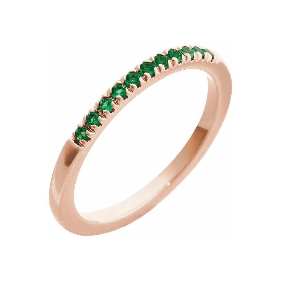 Slim 14K rose gold ring with bezel-set lab-created emerald, perfect for layering.