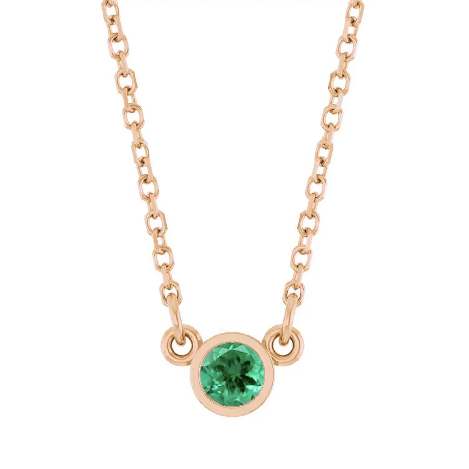 Bezel-set emerald birthstone necklace in 14K rose gold, product view variant--14K-rose-gold variant--Emerald