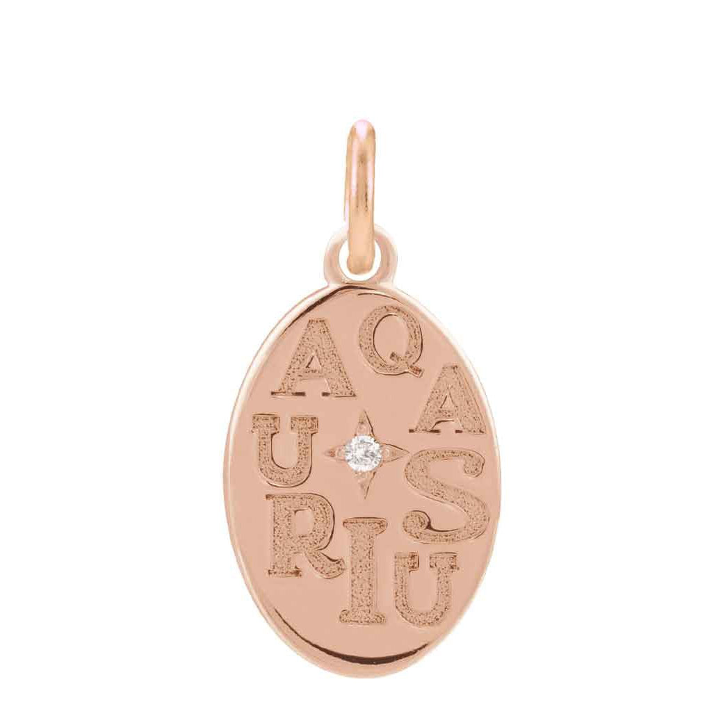 Elegant 14K rose gold disc charm featuring hand-engraved Aquarius zodiac symbol