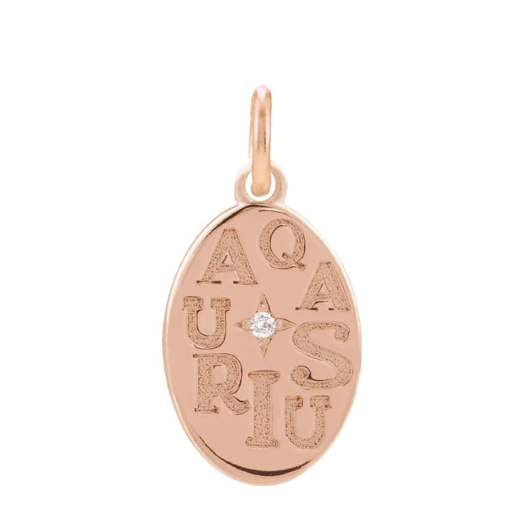Elegant 14K rose gold disc charm featuring hand-engraved Aquarius zodiac symbol