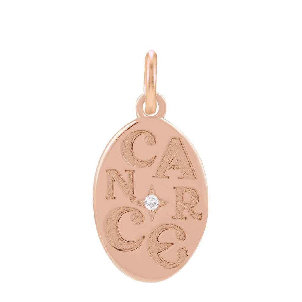 Elegant 14K rose gold disc charm featuring hand-engraved Cancer zodiac symbol