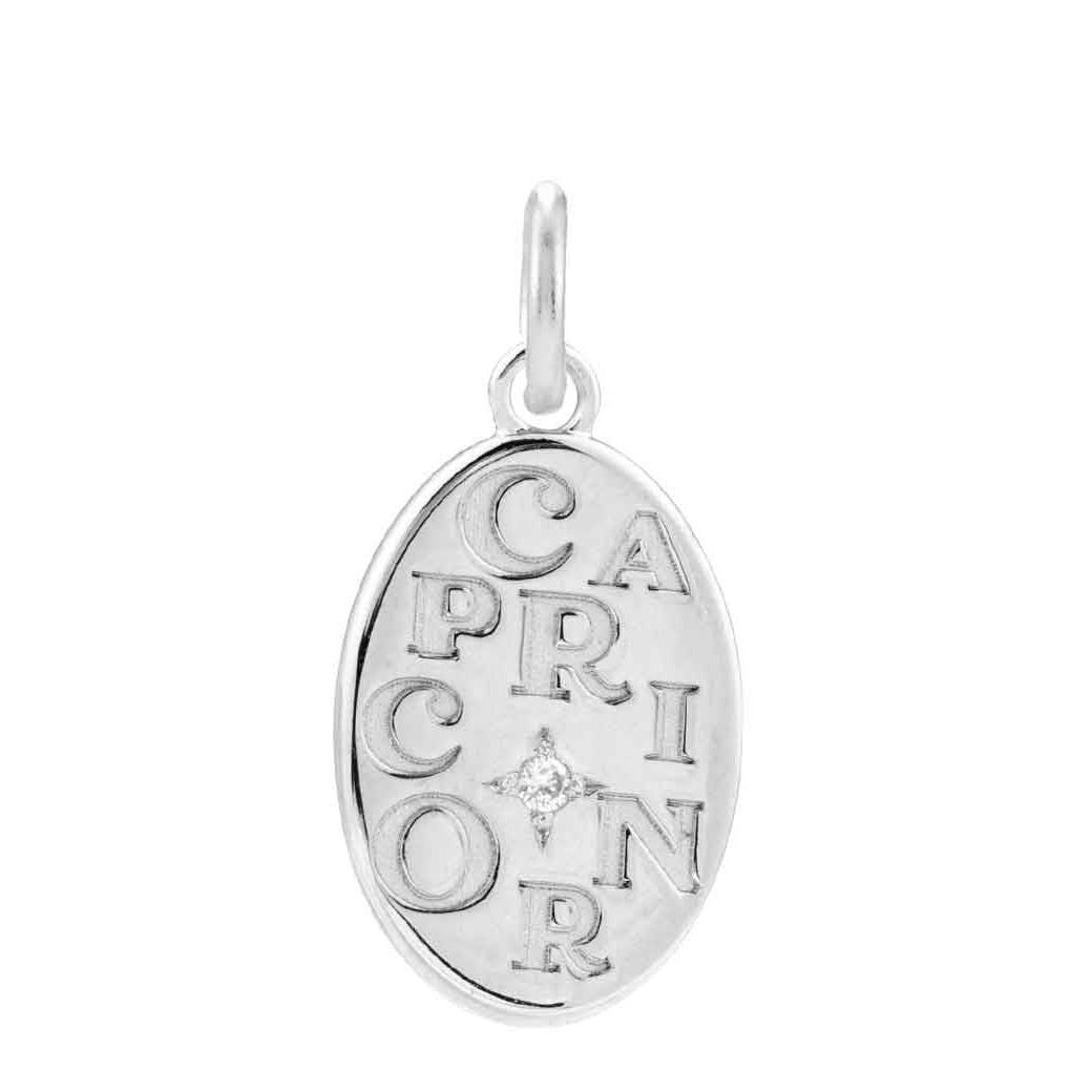 Minimalist Capricorn zodiac charm engraved in 14K white gold, perfect for layered necklaces