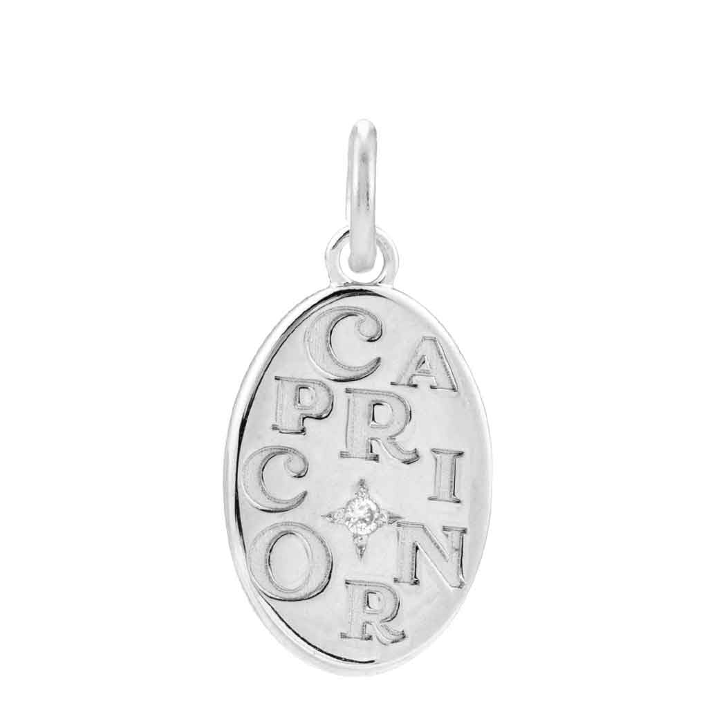 Minimalist Capricorn zodiac charm engraved in 14K white gold, perfect for layered necklaces