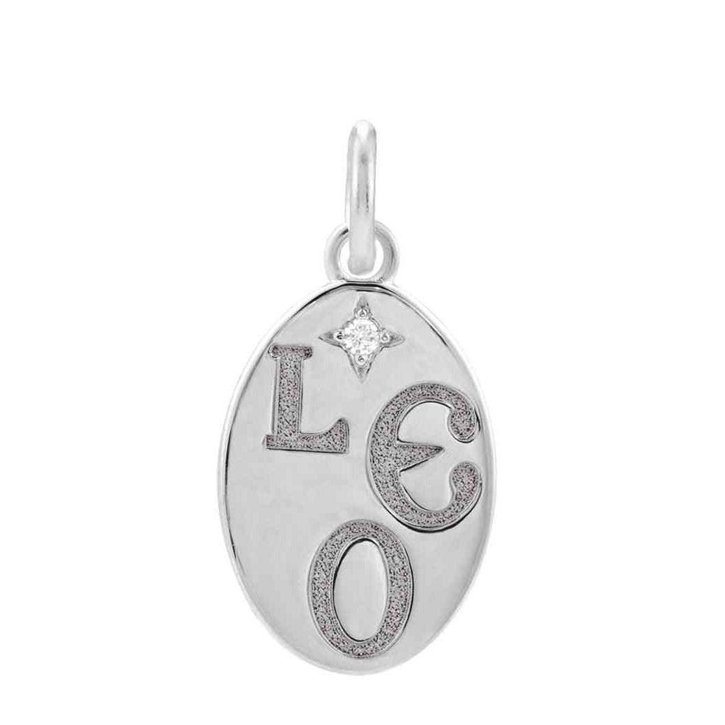 Delicate Leo zodiac emblem engraved into a flat 14K white gold coin pendant