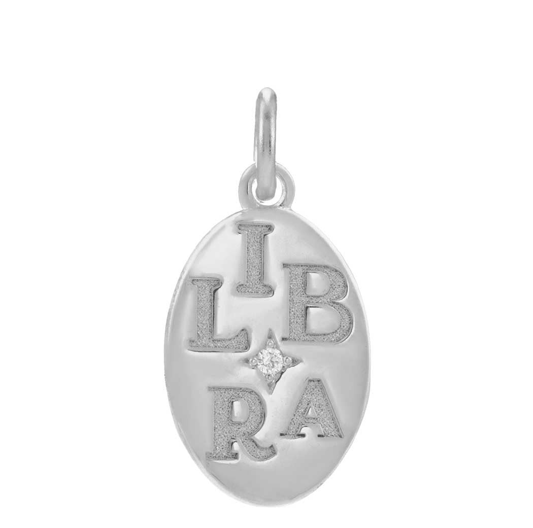 Modern zodiac necklace charm with deeply engraved Libra sign in 14K white gold